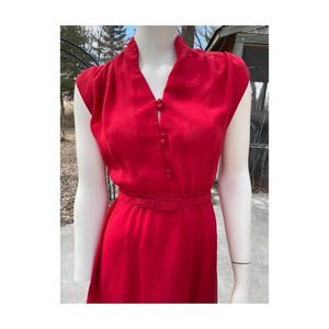 Vtg | 70s Club Prive Red Flocked Day Dress Midi Sheer Mock Neck Belt Cap Sleeve